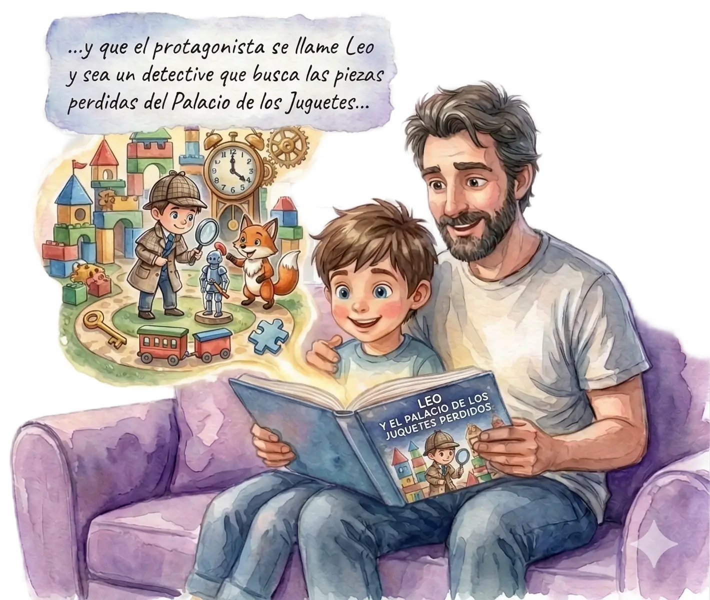 Un padre leyendo un cuento personalizado a su hijo